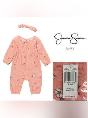 🆕JESSICA SIMPSON BABY - 6/9M - NWT - 2PC PINK FLORAL JUMPSUIT AND HEADBAND